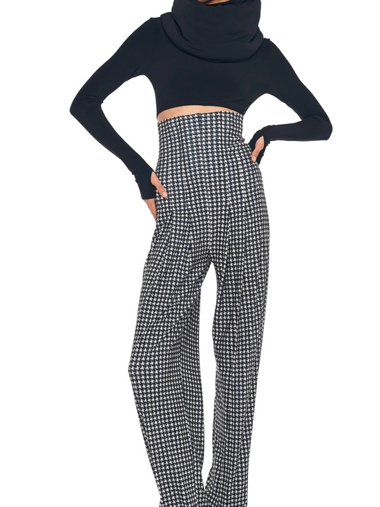 Norma Kamali Pants - Norma Kamali Black and White Houndstooth Maxi Wide Leg High Waist pants